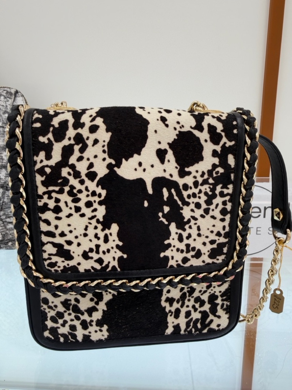 Henri Bendel Black & Cream Cowhide and leather gold Chain Crossbody Bag